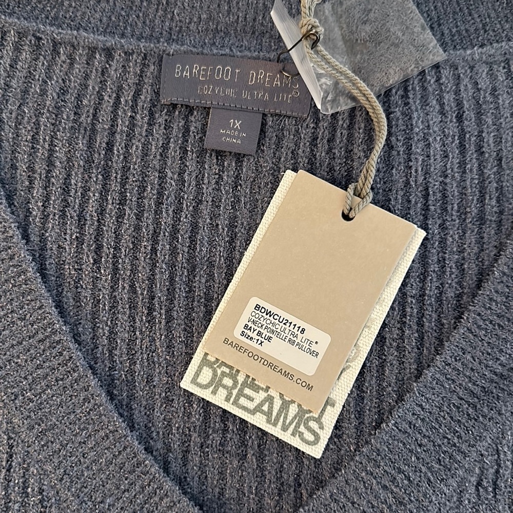 Barefoot Dreams Ultra Lite V-Neck Pointelle Rib Pullover BAY BLUE 1X NWT